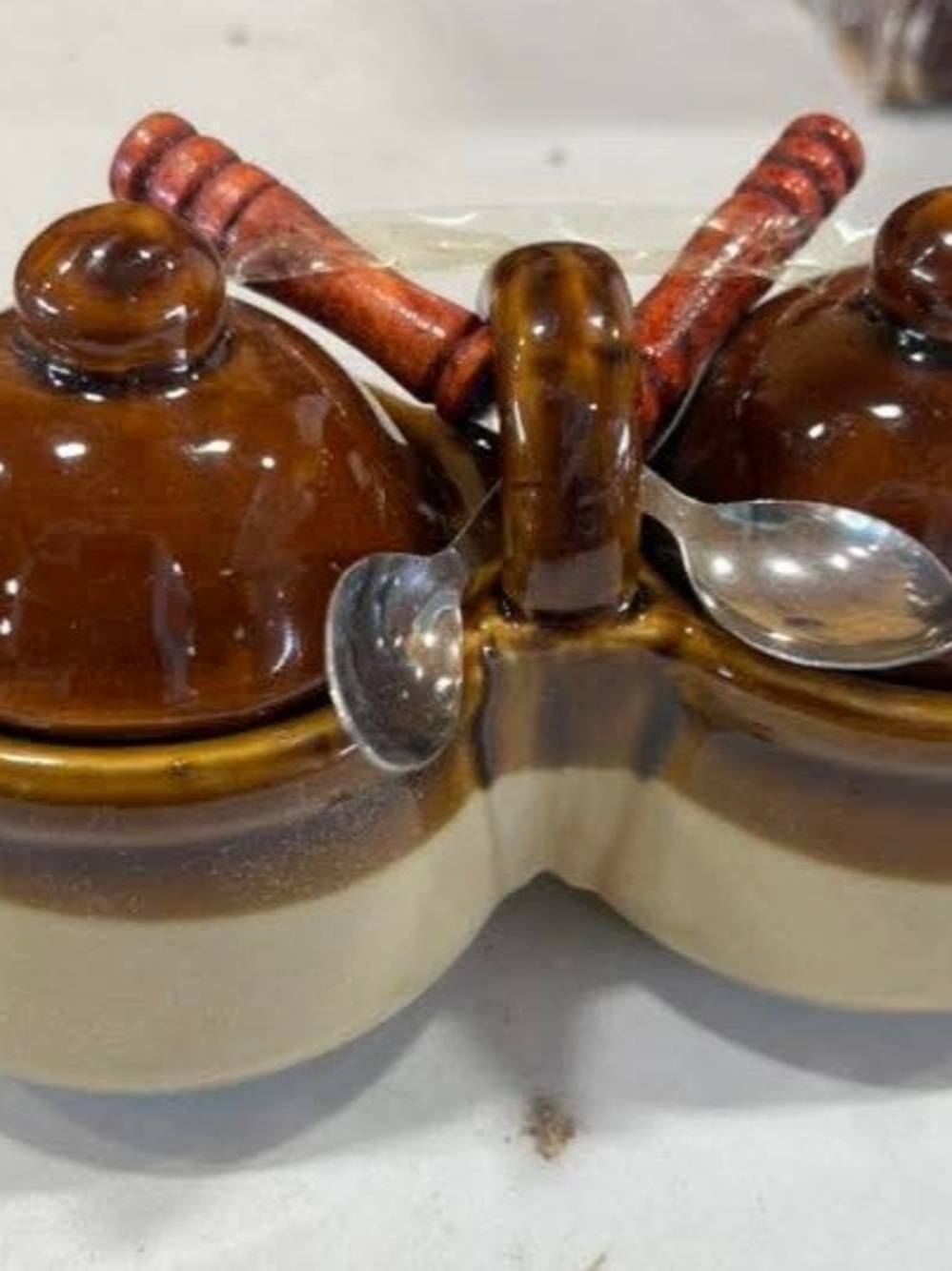 Vintage Two-Piece Ceramic Condiment Set in Brown and Cream with Metal Spoons